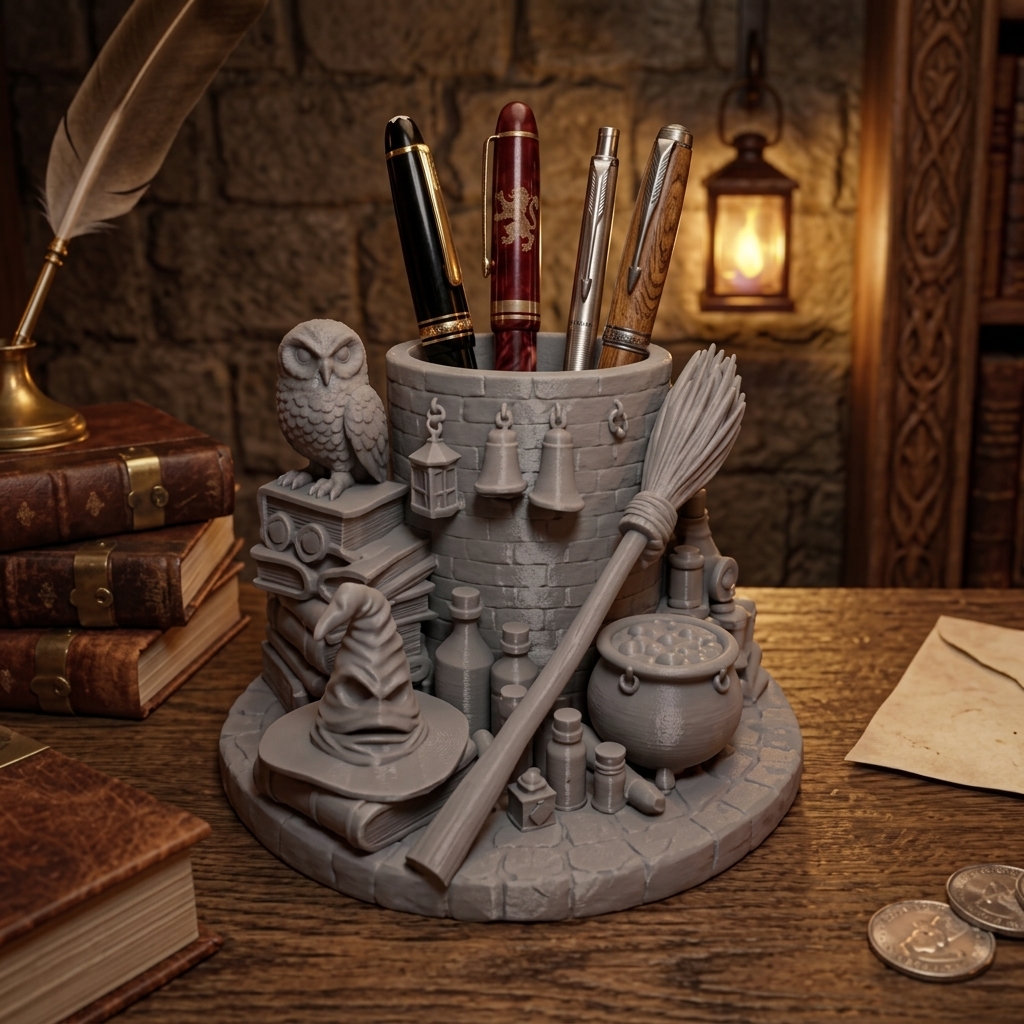 Wizard Pen Holder DIY Paintable Desk Organizer, Magic Owl Witch Hat Broom Pencil Cup, Fantasy Gothic Desktop Decor