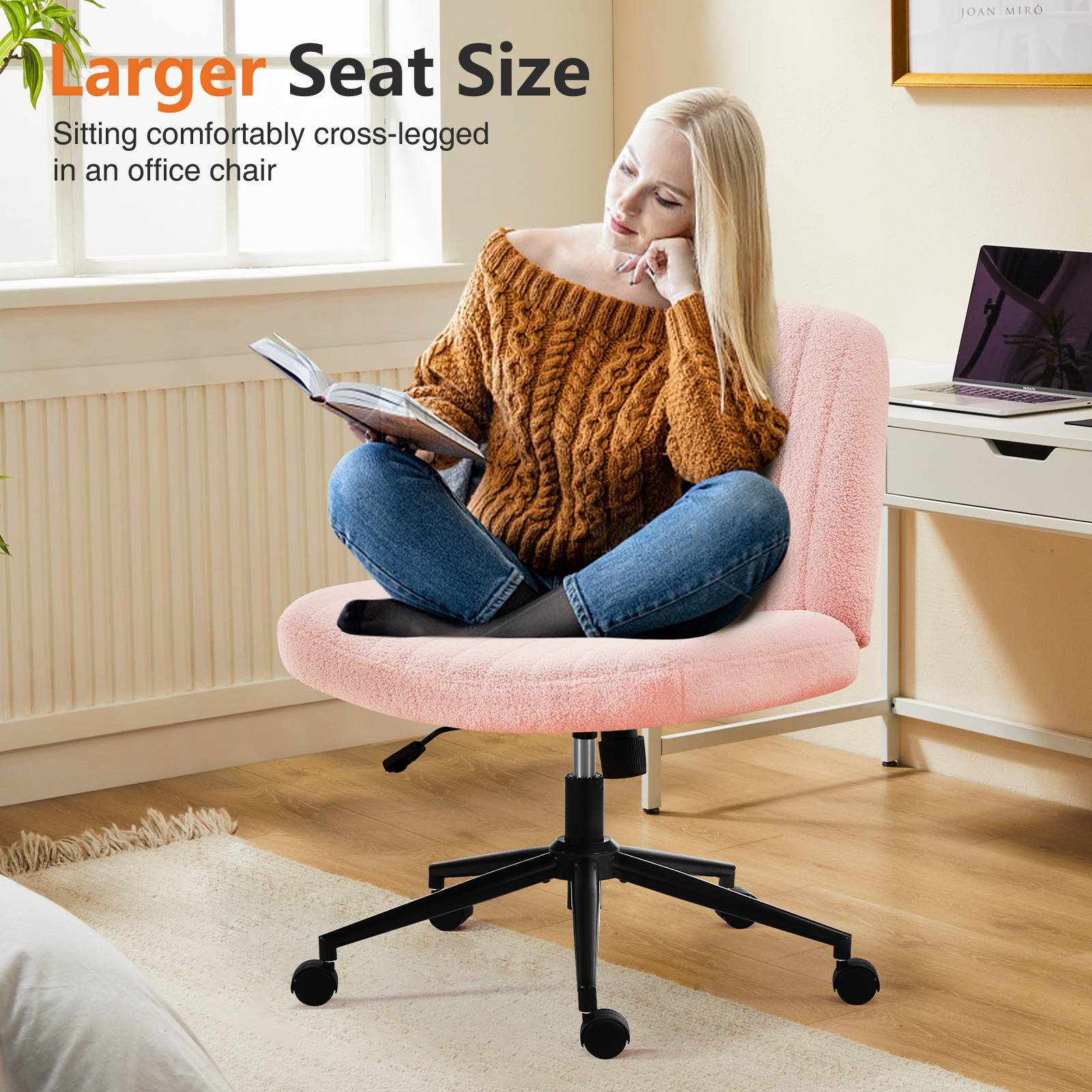 Office Desk Vanity Chair Cross Legged Armless Swivel Fabric Height Adjustable Wide Seat With Replaceable Wheels-Fixed Base, Comfy Task Chair Padded image 24