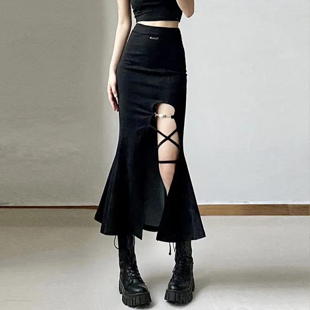 Black High Waist Women's Hollow Out Tied Fishtail Sheath Skirt Black - Shop at LoveMi