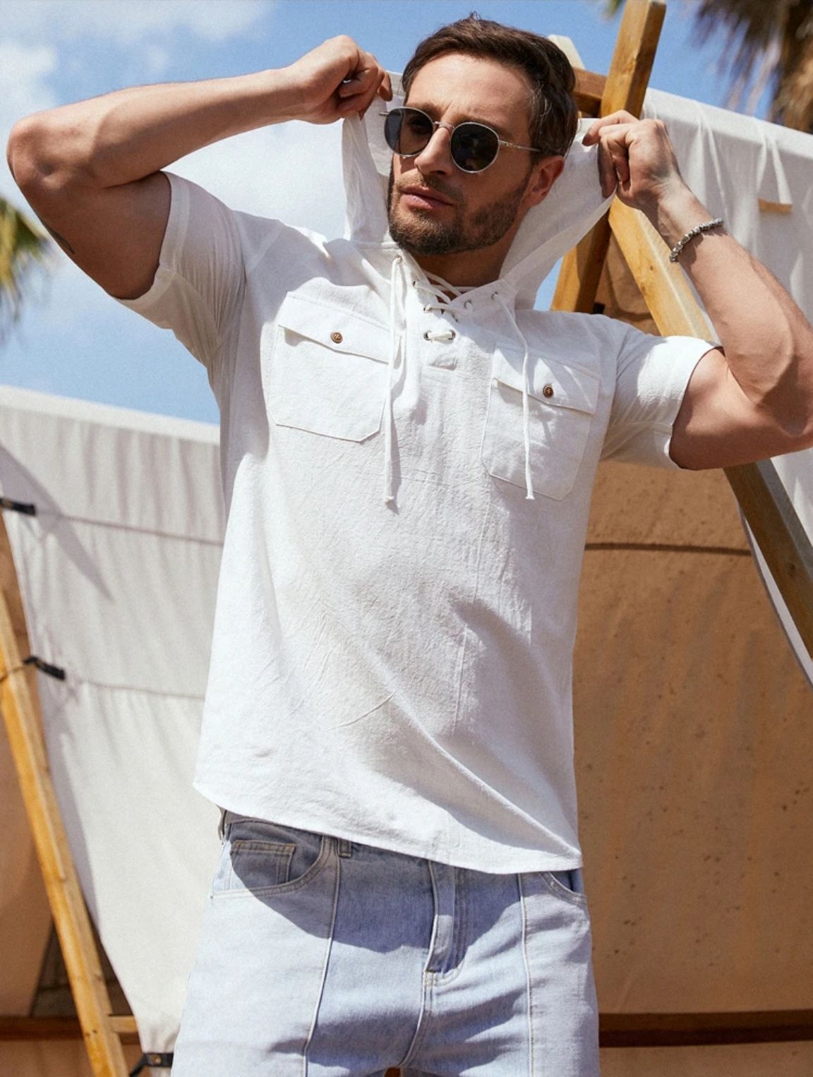 Men's Cotton Linen Short Sleeve Workwear Hooded Pocket Shirt