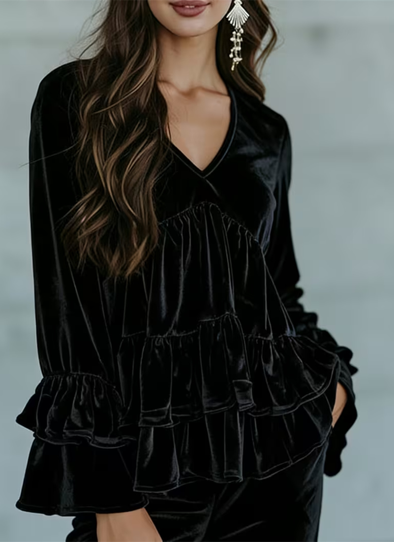 Casual V-neck Ruffled Layered Bell Sleeve Top - Black-L