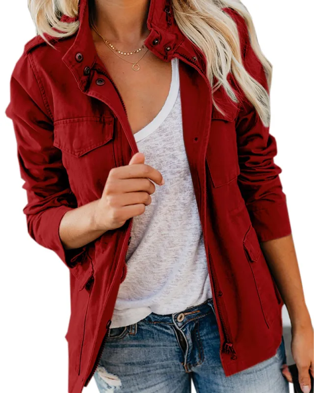 Fashion Ladies Solid Color Lapel Zipper Short Jacket Casual Pocket Button Decoration Top Red - Shop at LoveMi