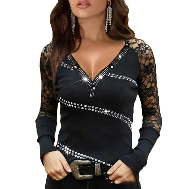 Lightweight Long Sleeve Fashion Bottoming Shirt Rhinestone Lace Blouse Black - Shop at LoveMi