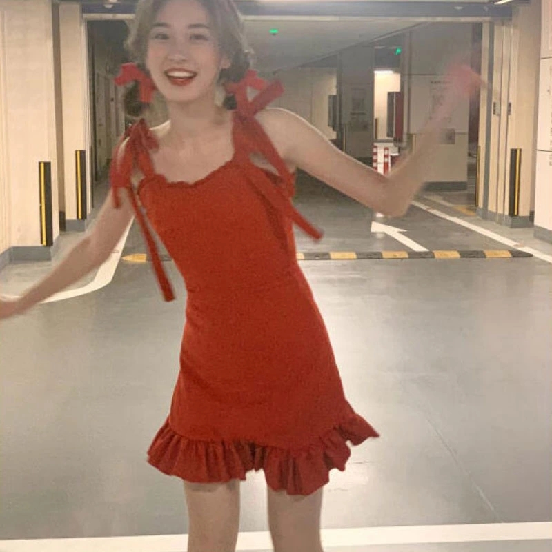 Summer Korean Style, Western Style, Red Retro Hot Girl Style