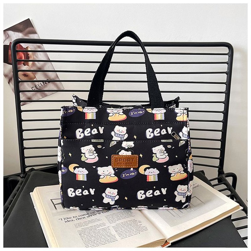 Handbag, Bento, Mommy, Office Worker, New Style For Going Out, Oxford Cloth Belt, Rice, Fashionable Carrying Bag, Large Capacity Makeup Bag - Rainbow Bear Black