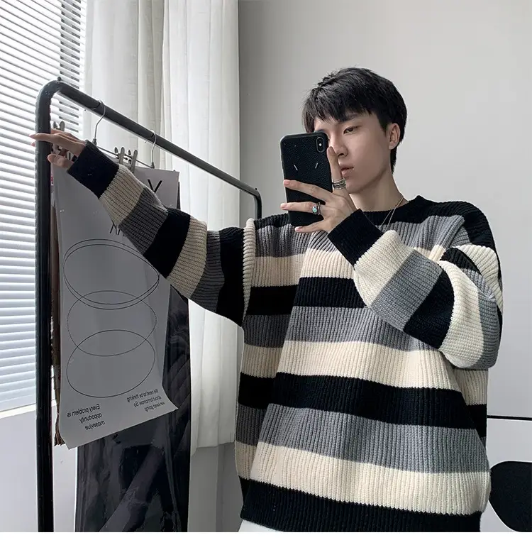 Thick Striped Sweater Men's Loose Round Neck Sweater