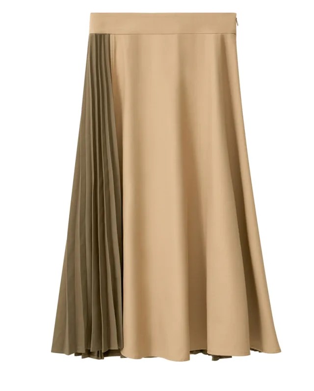 Women's Contrast Color Contrast Material Stitching Organ Pleated Mid Length A Line Skirt Camel - Shop at LoveMi