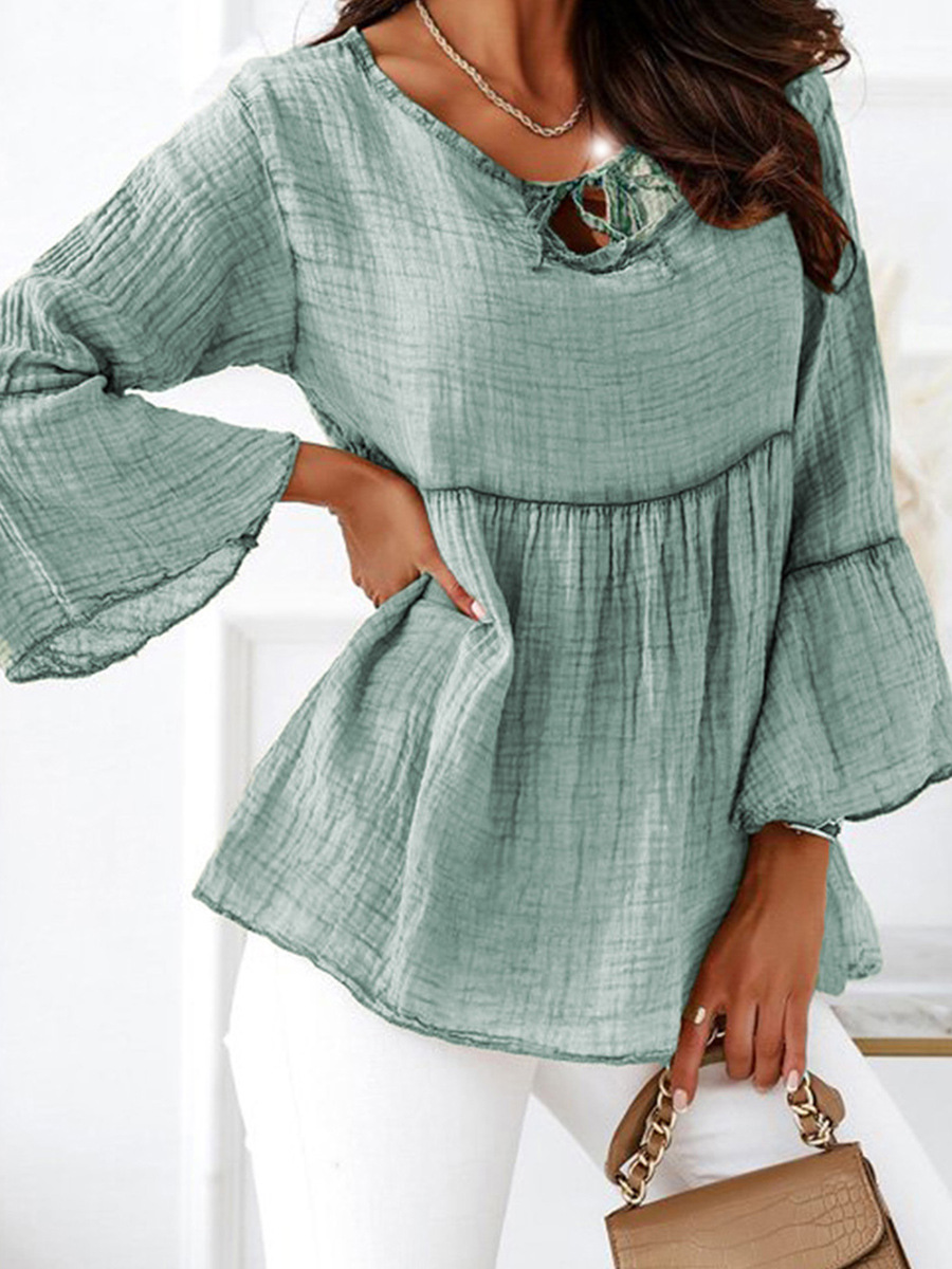 Temperament Commute Lace-up Slimming Flared Sleeves Chiffon Shirt