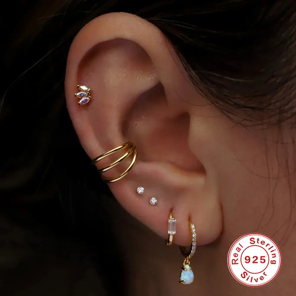 Sterling Silver Hollow Three-row Diamond-embedded Multi-layer Curved Ear Clip