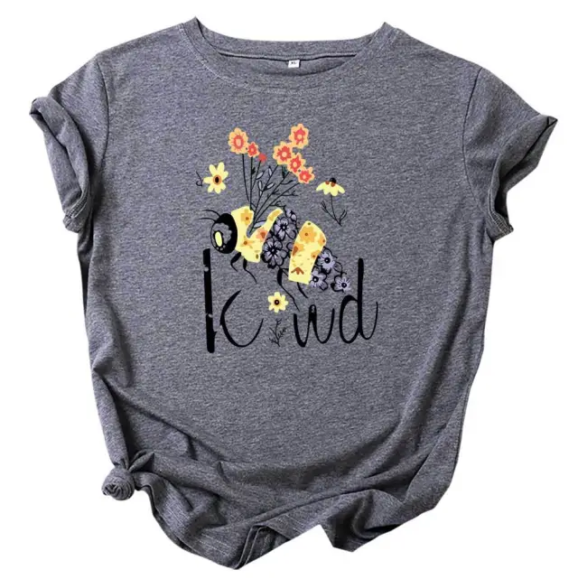 Floral Bee Print Crew Neck Print Short Sleeves Dark Grey - Shop at LoveMi