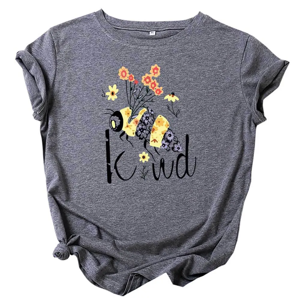 Floral Bee Print Crew Neck Print Short Sleeves - Dark Grey