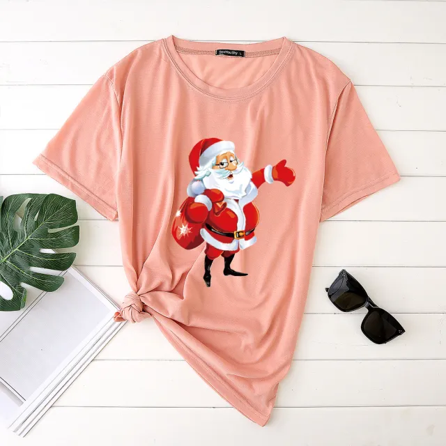 Unisex Santa Printed Loose Round Neck T Shirt Carrying Bags Watermelon Red - Shop at LoveMi