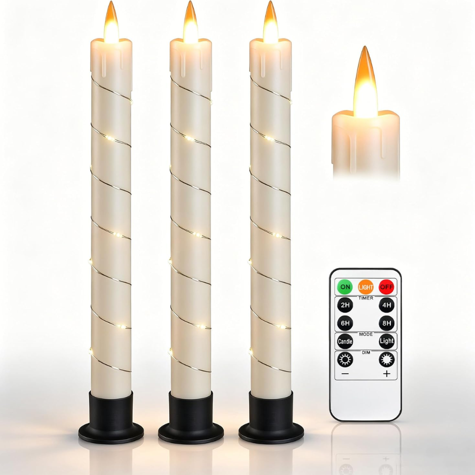 3 Pack Ivory Dripping Wax Flameless Candles, Realistic Dynamic Flame LED Taper Candles With Surrounding Fairy String Lights, Remote Control
