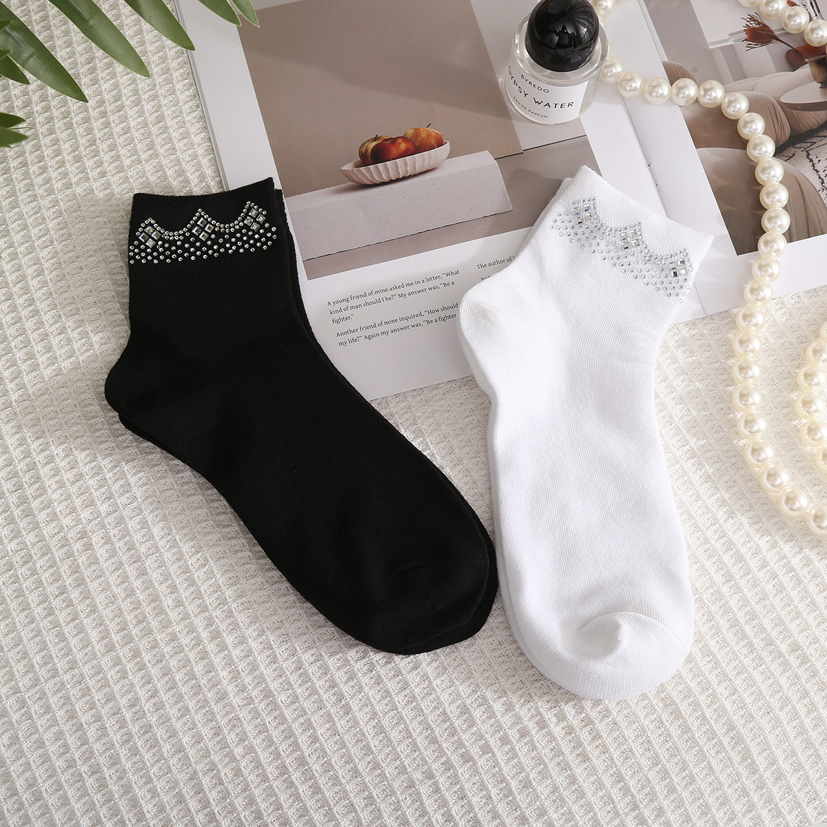 Women's Crown Rhinestone Ankle Socks, Black & White Ribbed Knit Socks With Sparkling Crystal Trim, Elegant Socks For Daily Wear & Special Occasions