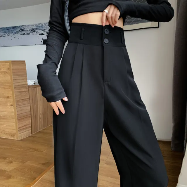 Two button Black Loose fitting Wide leg Pants Black - Shop at LoveMi