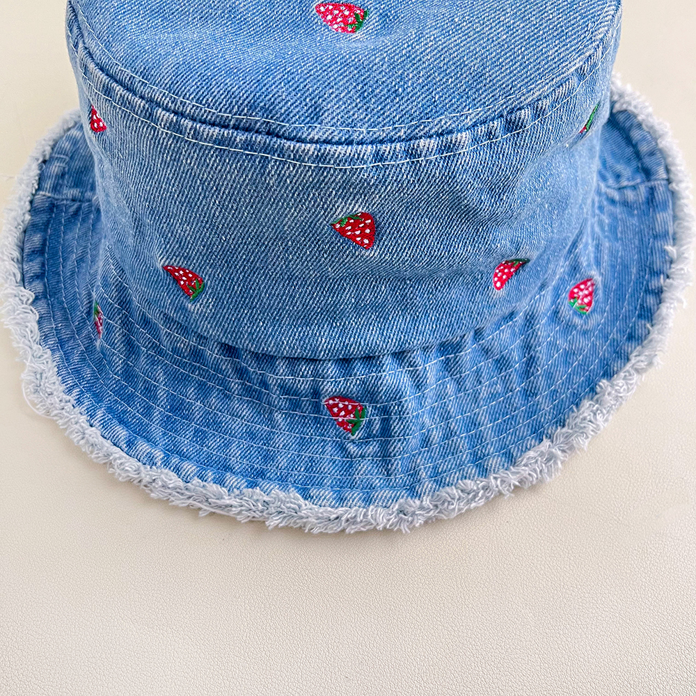 Retro Washed-edge Denim Fisherman Hat With Embroidered Strawberry Flowers And Washed-edge Trim. Outdoor Casual Sun Hat