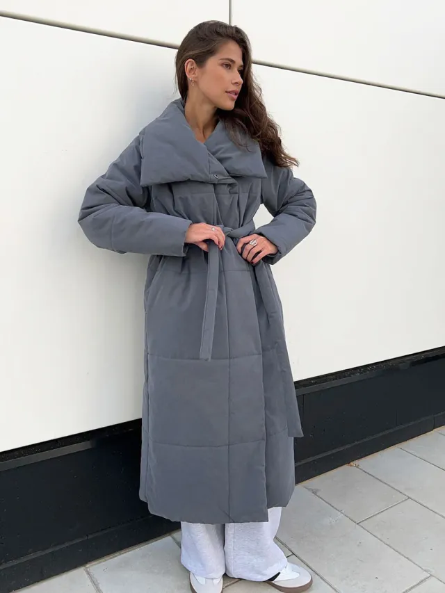 Fashion Large Lapel Long Coat Winter Warm Cotton Jacket With Pockets And Lace up Design Casual Solid Color Thick Coat For Women Outwear Clothing ... Dark Grey - Shop at LoveMi