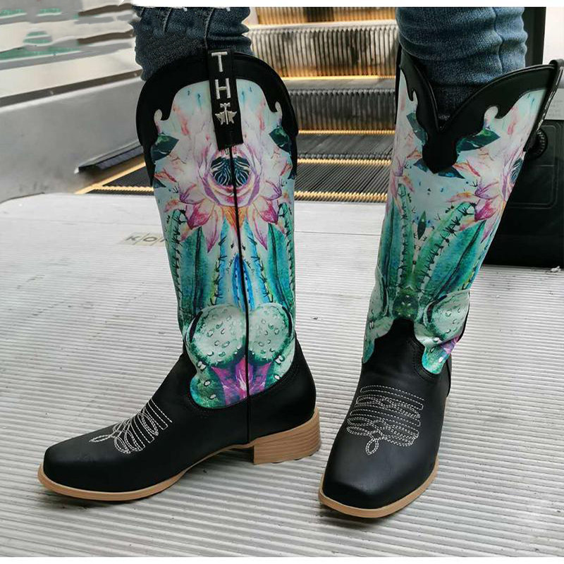 Title 3, Calf Flower Print Patchwork Mixed Color Womens ...