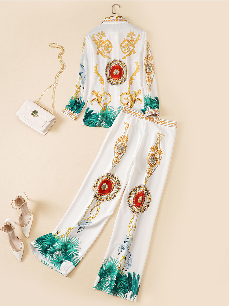 Long-sleeved Printed Shirt, High-waisted Wide-leg Pants, Two-piece Fashion Casual Suit