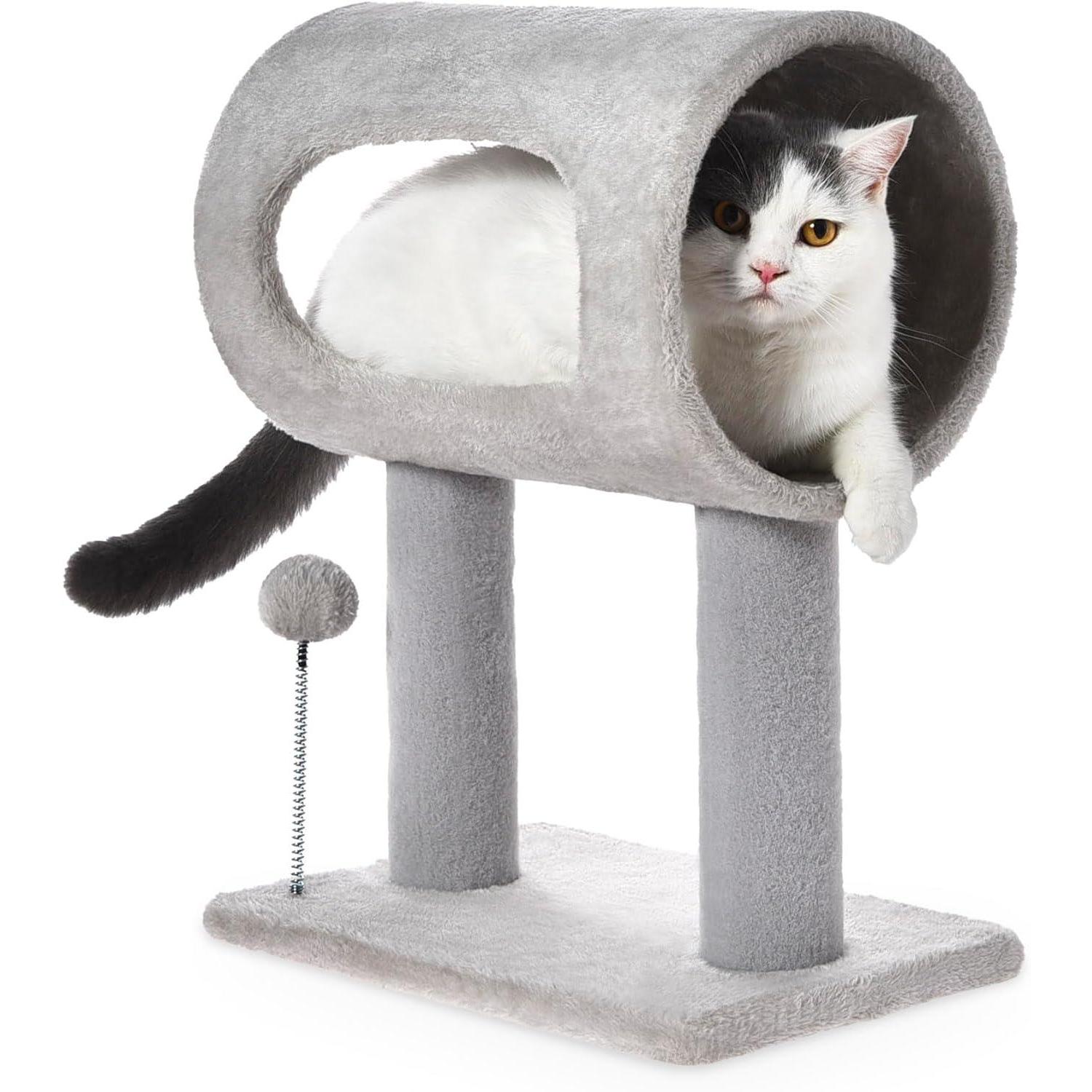 Gray Indoor Cat Tree With Hanging Ball 20.5Cat Tree With Tunnel Bed And Scratching Post Cat Tower Gray - Shop at LoveMi