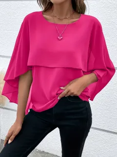 Solid Layered Cloak Sleeve Blouse, Versatile Crew Neck Blouse For Spring & Fall, Women's Clothing - Peach Pink - View 1