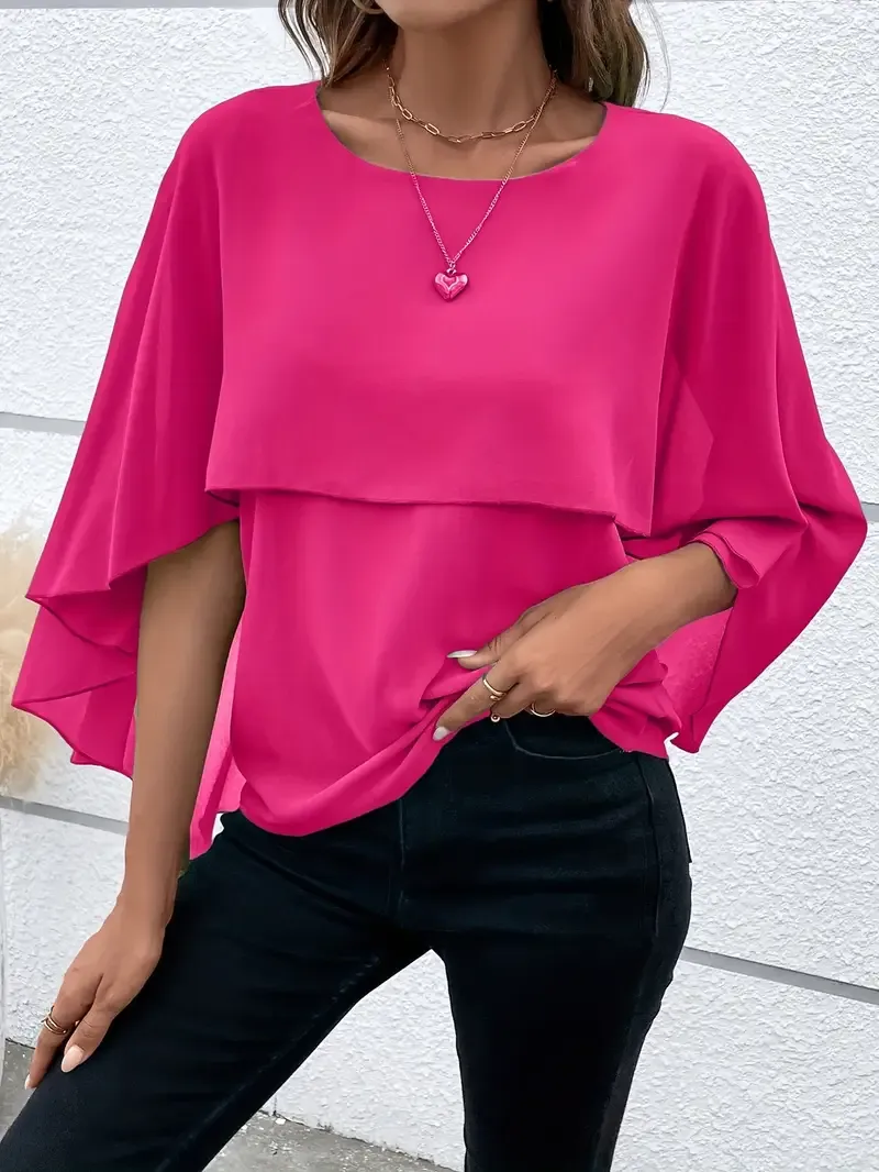 Solid Layered Cloak Sleeve Blouse, Versatile Crew Neck Blouse For Spring & Fall, Women's Clothing - Peach Pink