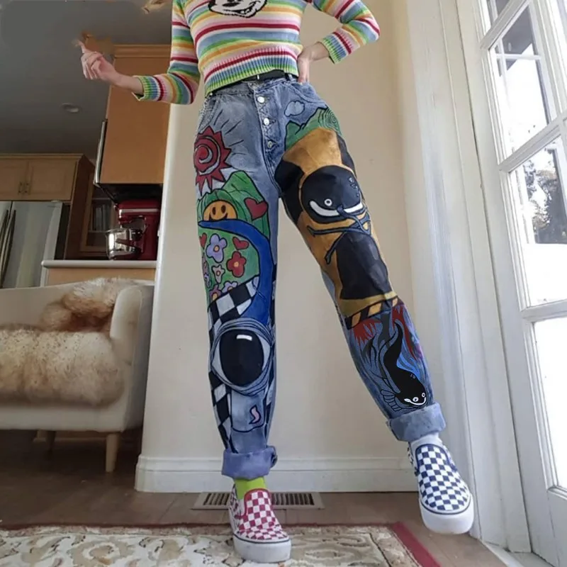 Womens Cartoon Printed Jeans Harem Pants Trousers for Women