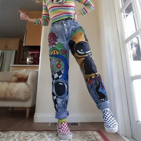 Womens Cartoon Printed Jeans Harem Pants Trousers for Women