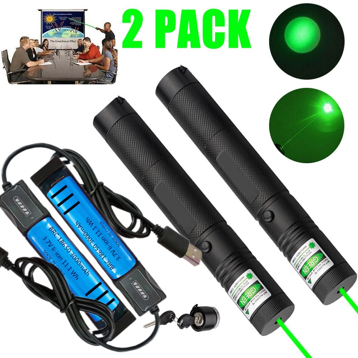 Strong Green Laser Pointer Pen Light Visible Beam Lazer AAA Torch 532nm USB Rechargeable Flashlight