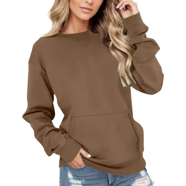 Round Neck Pullover Long Sleeve Pocket Solid Color Hoodie Brown - Shop at LoveMi