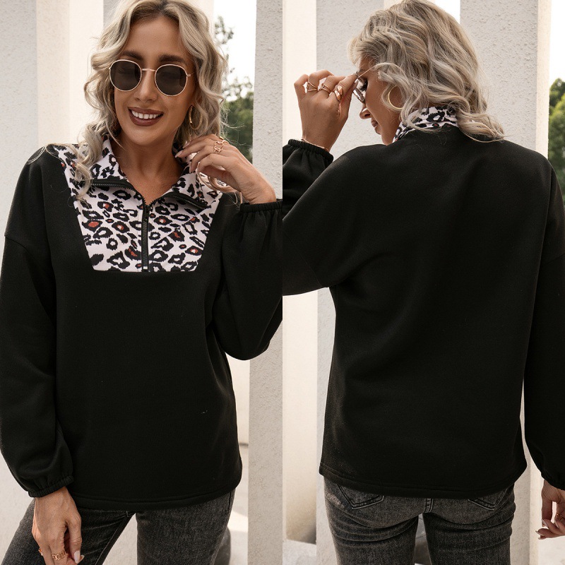 Ladies Leopard Print Panel Long Sleeve Pullover Sweatshirt