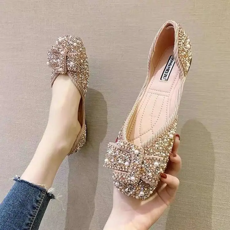 Pearl Rhinestone Shallow Mouth Square Toe Single Flat Sole Women's Shoes