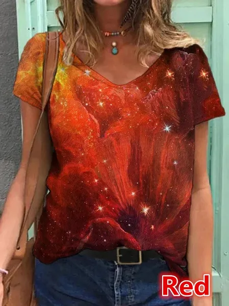 Abstract Painting Print Short sleeved T shirt Women Red - Shop at LoveMi