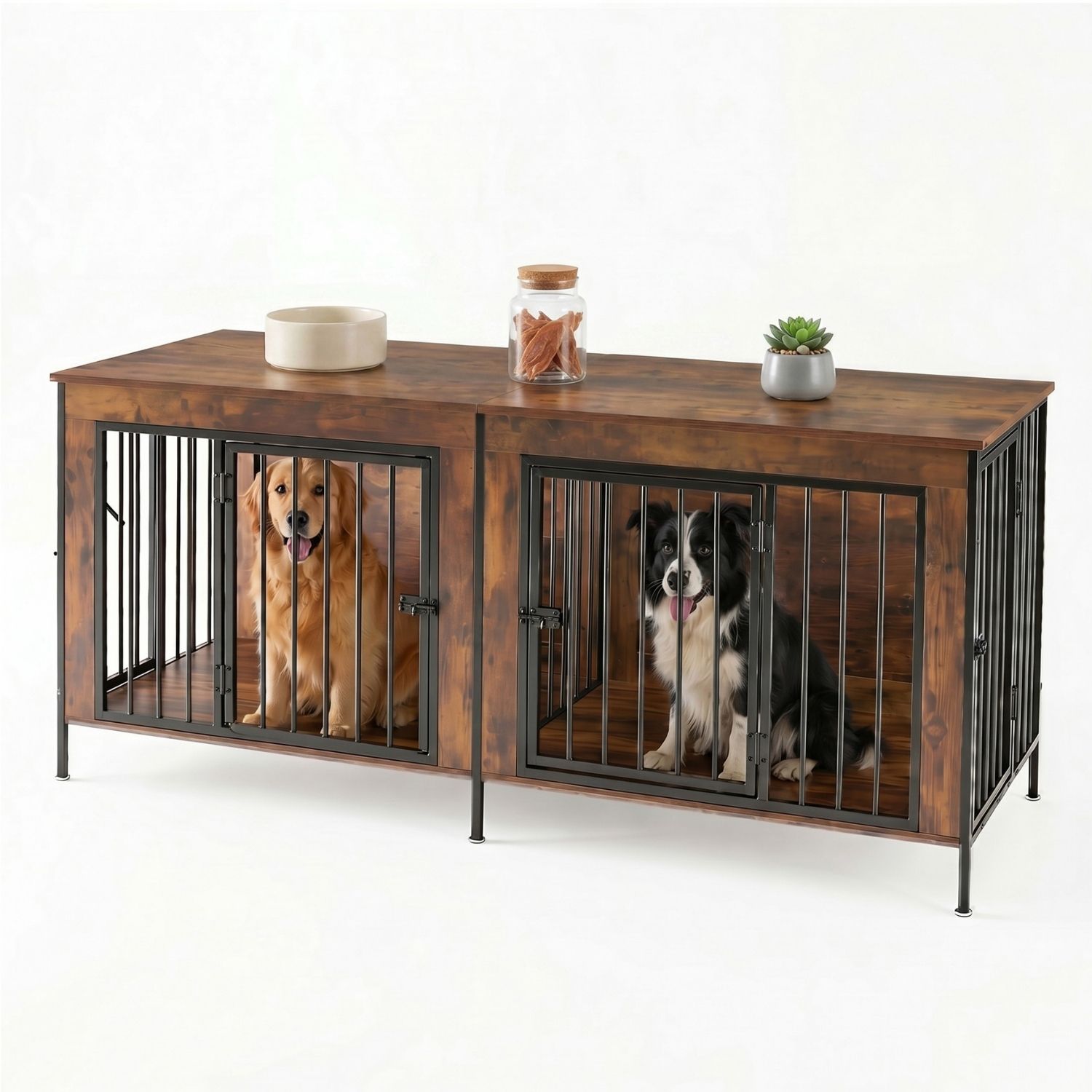 Double Dog Crate Furniture With Divider, Heavy Duty Pet Kennel End Table TV Stand, Extra Large Double Door 4