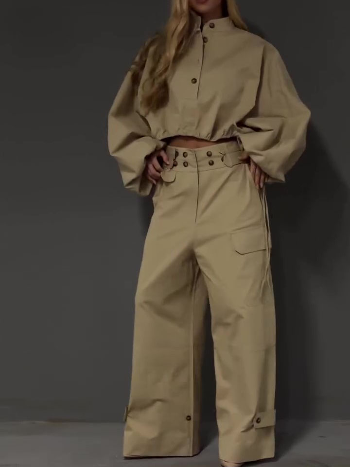 Khaki Stand Collar Puff Sleeve Crop Top & Double Button Wide Leg Cargo Pants Set