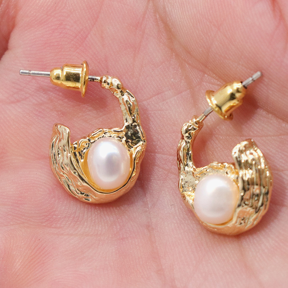 French Freshwater Pearl Copper Plated Real Gold Earrings Ins Style Metal Earrings