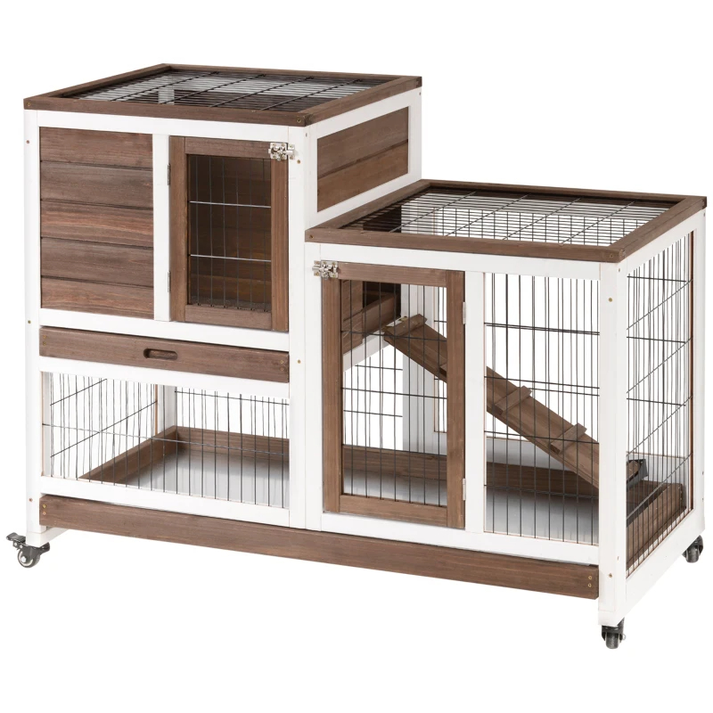PawHut Wooden Rabbit Hutch Elevated Bunny Cage Indoor Small Animal Habitat With Enclosed Run With Wheels, Ramp, Removable Tray For Rabbits, Chickens, Ducks, Guinea Pigs, Brown