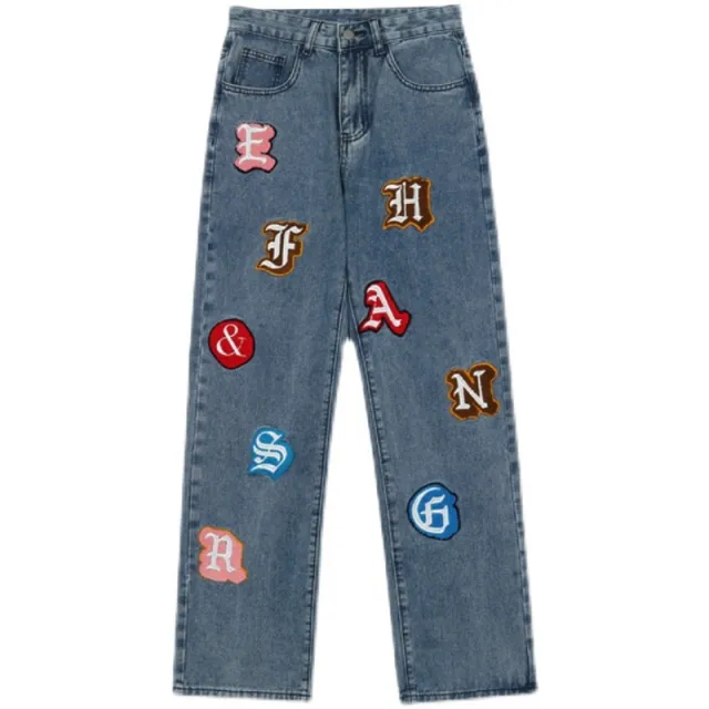 High Street Letter Flocking Washed Distressed Jeans Blue - Shop at LoveMi