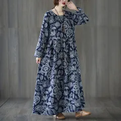Plus Size Oversized Print Long-sleeve Dress Women - Navy Blue - View 1