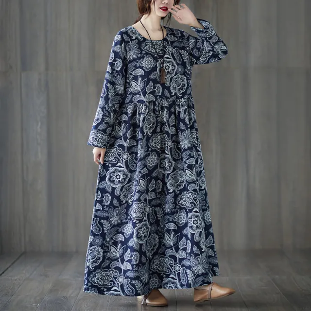 Plus Size Oversized Print Long sleeve Dress Women Navy Blue - Shop at LoveMi