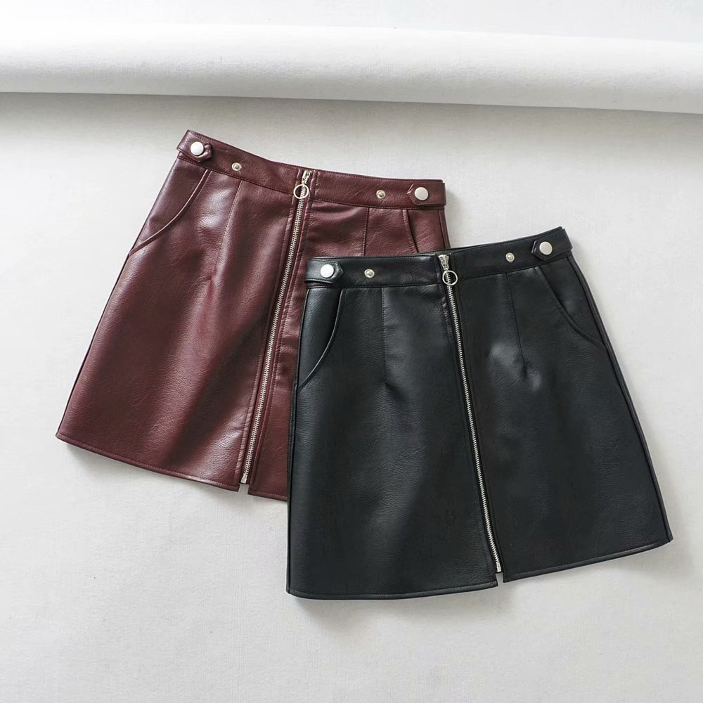 Title 5, High Waist Slim Zipper PU Leather Skirt Short A...