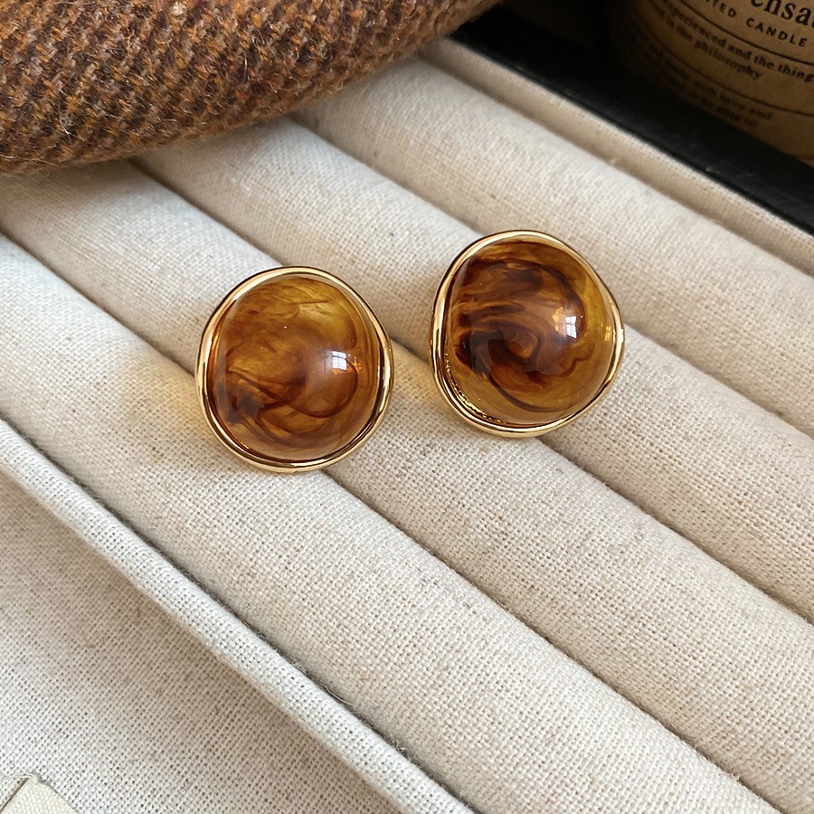 Amber Resin Hoop Stud Earrings with Gold Accents - Vintage Style Button Earrings - Image 5