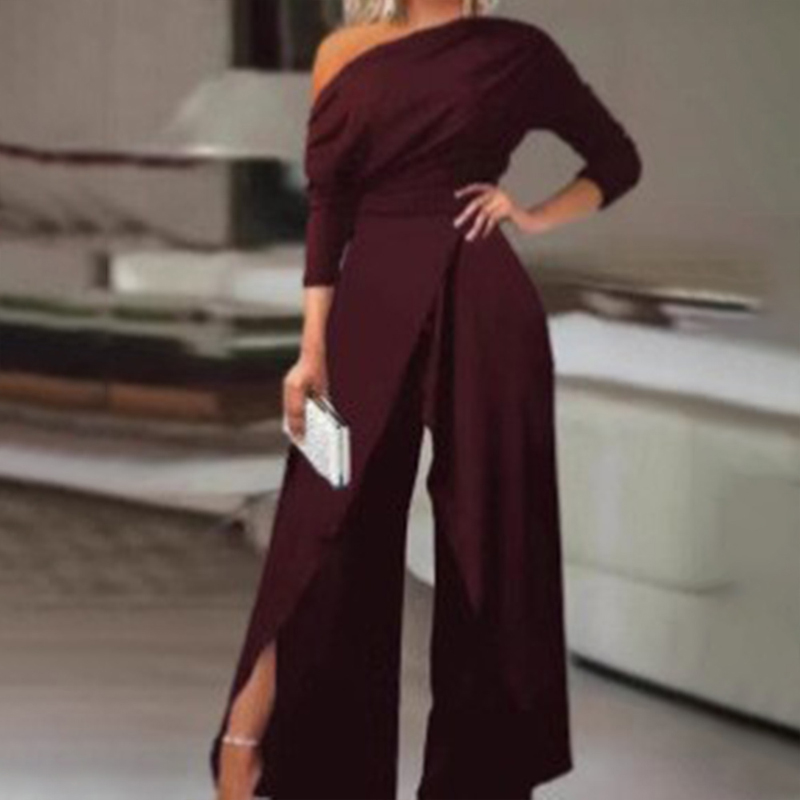 Women's Elegant One Shoulder Jumpsuit With Long Sleeves & Pants Slit Pleated Waist Formal & Party For Spring&Summer Red - Shop at LoveMi