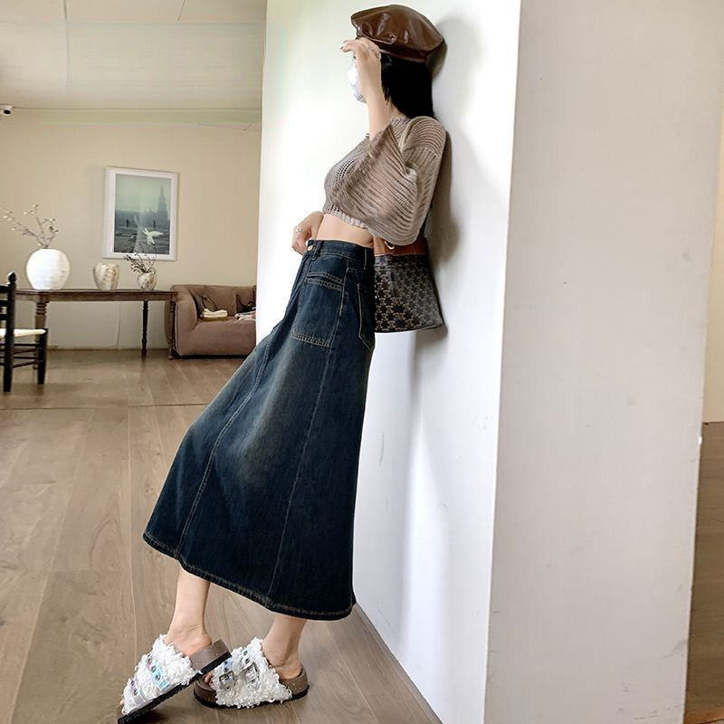 Three-quarter Petite Retro Denim Skirt For Women, Trendy And Versatile, New Style, High-waisted, Hip Skirt