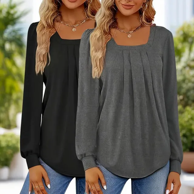 2 Pack Women's Puff Sleeve Square Neck Blouse, Fall Trendy Pleated Tunic Top, Dressy Casual Long Sleeve Work Shirt Black Grey - Shop at LoveMi