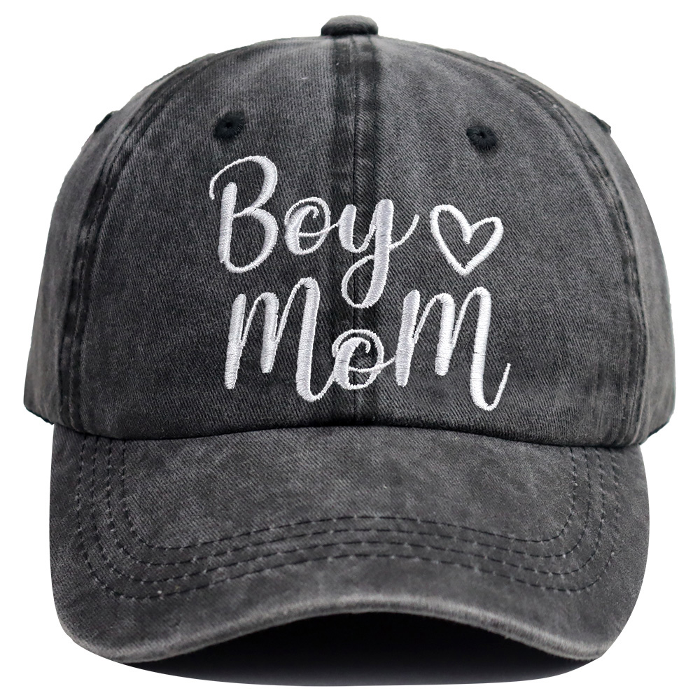 Boy Mom embroidered cap worn outdoors showing sun protection brim and breathable fabric