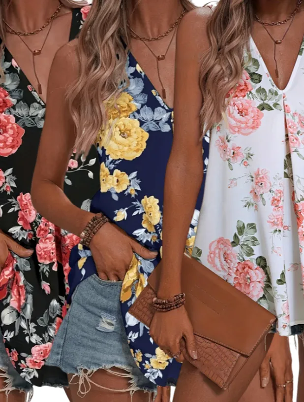 Floral Print V Neck Tank Top, Elegant Sleeveless Top For Spring & Summer, Women's Clothing Set Set1 - Shop at LoveMi