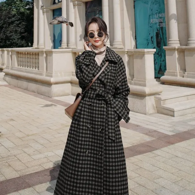 Fashion Plaid Woolen Coat Women's Mid length Loose Waist Waist Popular Black - Shop at LoveMi