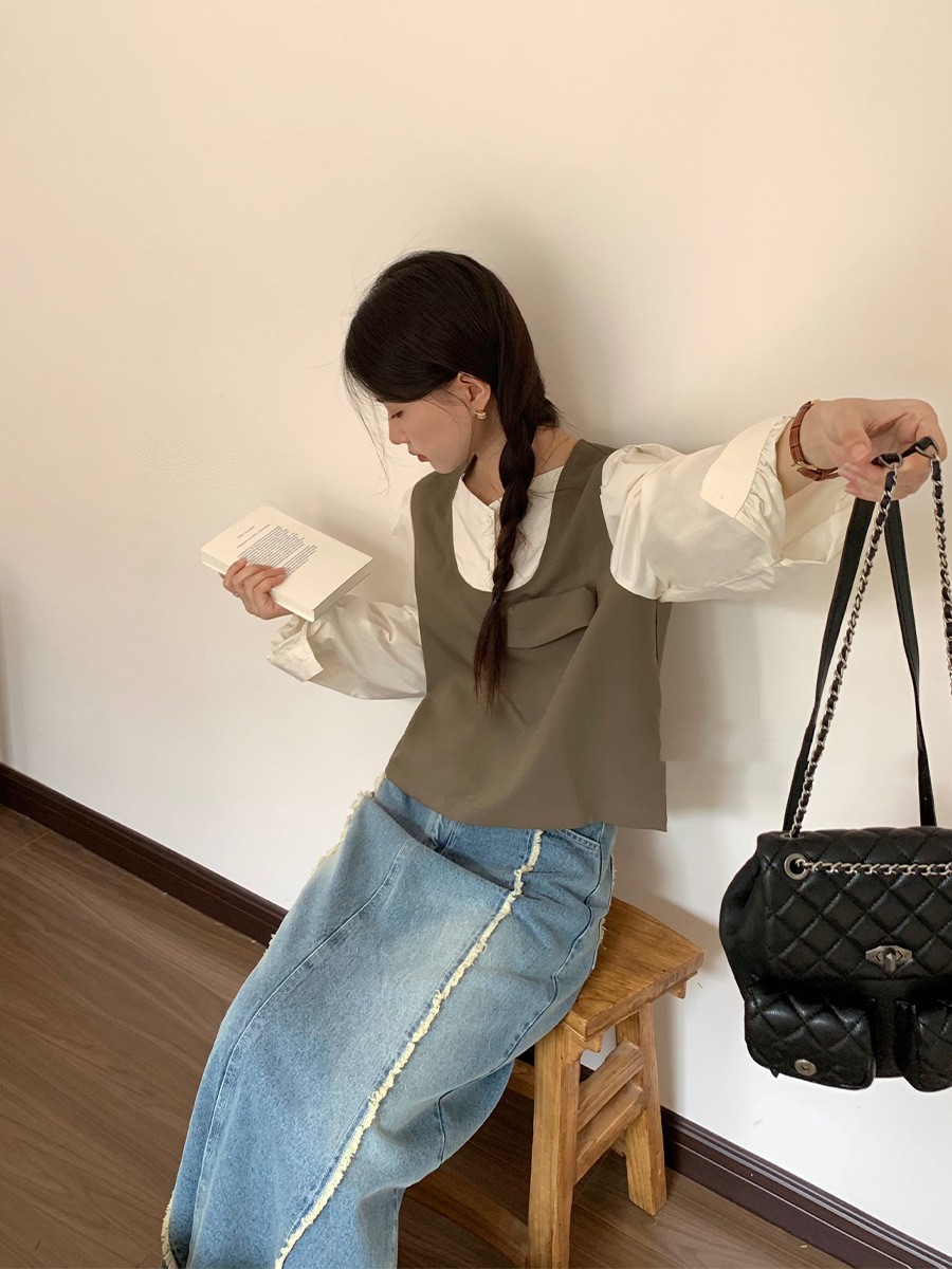 French Minimalist Fake Two-piece Long-sleeved Shirt For Women