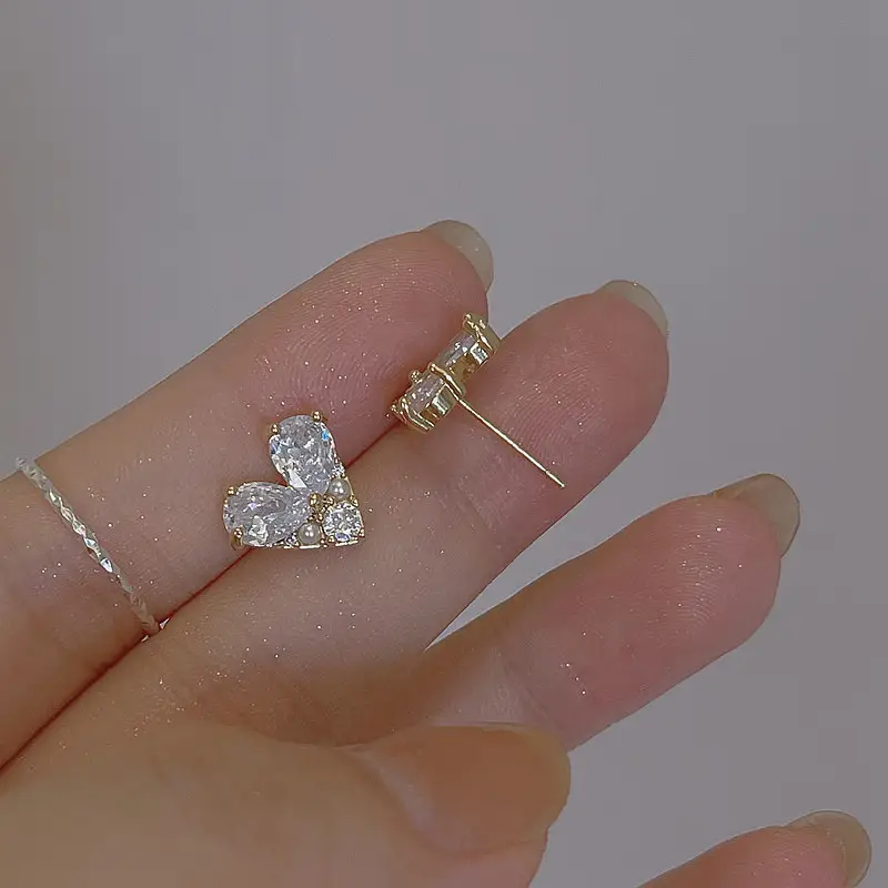Silver Pin Earrings Delicate Heart Stud Earrings Zircon